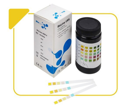 BioLine URS 5 - testy paskowe (100 sztuk) do badania moczu - 5 parametrów: białko, pH, krew, ciała ketonowe  i glukoza