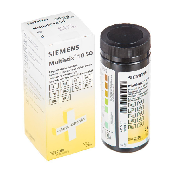SIEMENS MULTISTIX (100 sztuk) - paski do badania moczu - 10 parametrów: leukocyty, azotyny, urobilinogen, glukoza, bilirubina, ciała ketonowe, ciężar właściwy, krew, pH i białko.