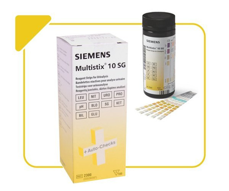 SIEMENS MULTISTIX (100 sztuk) - paski do badania moczu - 10 parametrów: leukocyty, azotyny, urobilinogen, glukoza, bilirubina, ciała ketonowe, ciężar właściwy, krew, pH i białko.